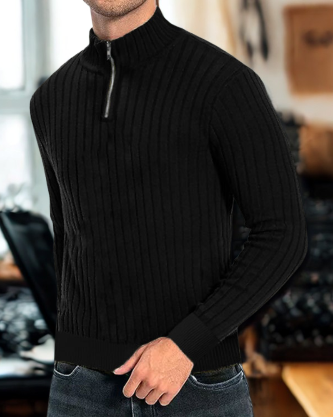 Drilan | Men's Mock Neck Ribbed Knit Sweatshirt