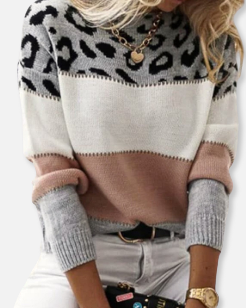 Savannah Leopard Patchwork Knit Sweater – Bold & Cozy Statement Piece