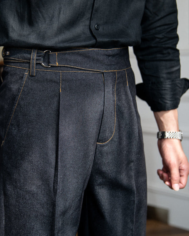 Men's High-Waisted Pleated Denim Trousers – Tailored Fit, Stretch Comfort