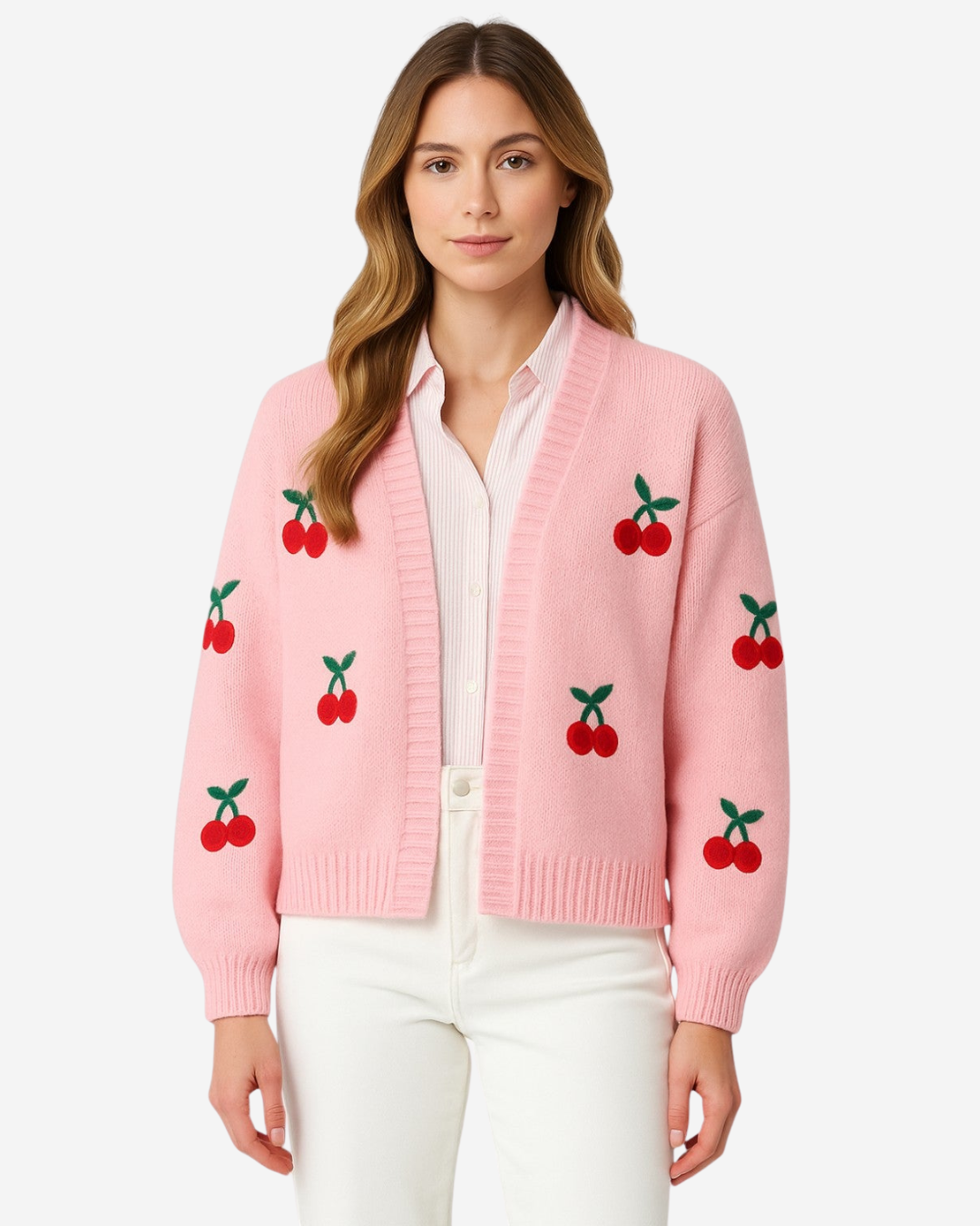 Priscilla | Women's Pink Cardigan with Cherry Embroidery