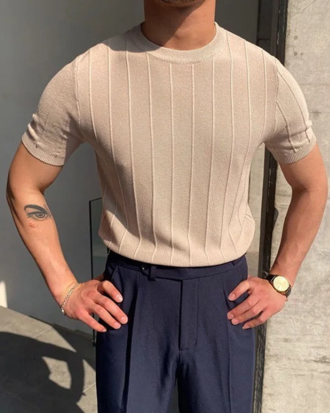 Men’s Slim Fit T-Shirt – Striped & Textured Luxury Tee