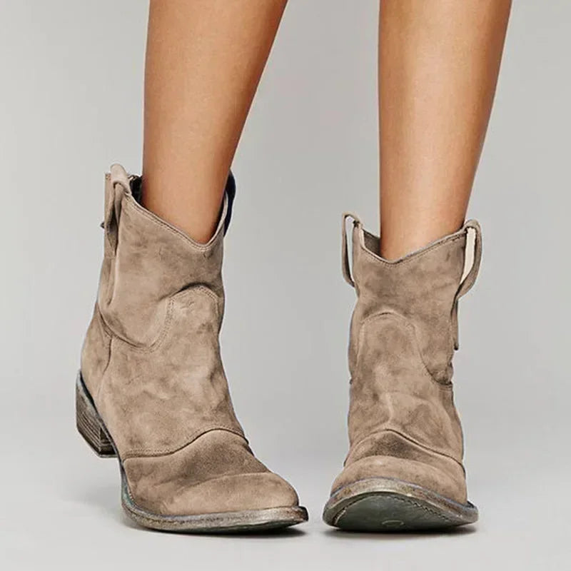Women’s Ankle Boots – Suede – Low Heel – Vintage Style – Western Toe – Pull Tabs