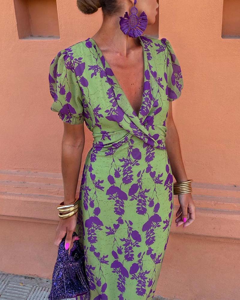 Women's Wrap Dress - Floral Print - Puff Sleeve - Deep V-Neck - Elegant & Lightweight