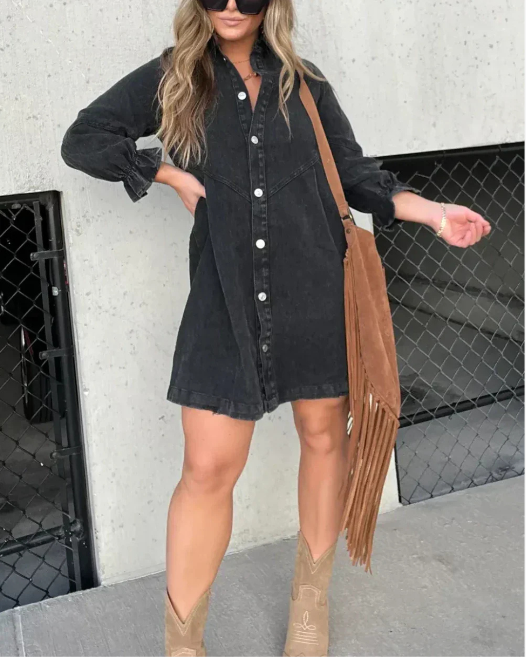 Women's Babydoll Denim Dress – Versatile 3/4 Lantern Sleeves, Button-Up Mini