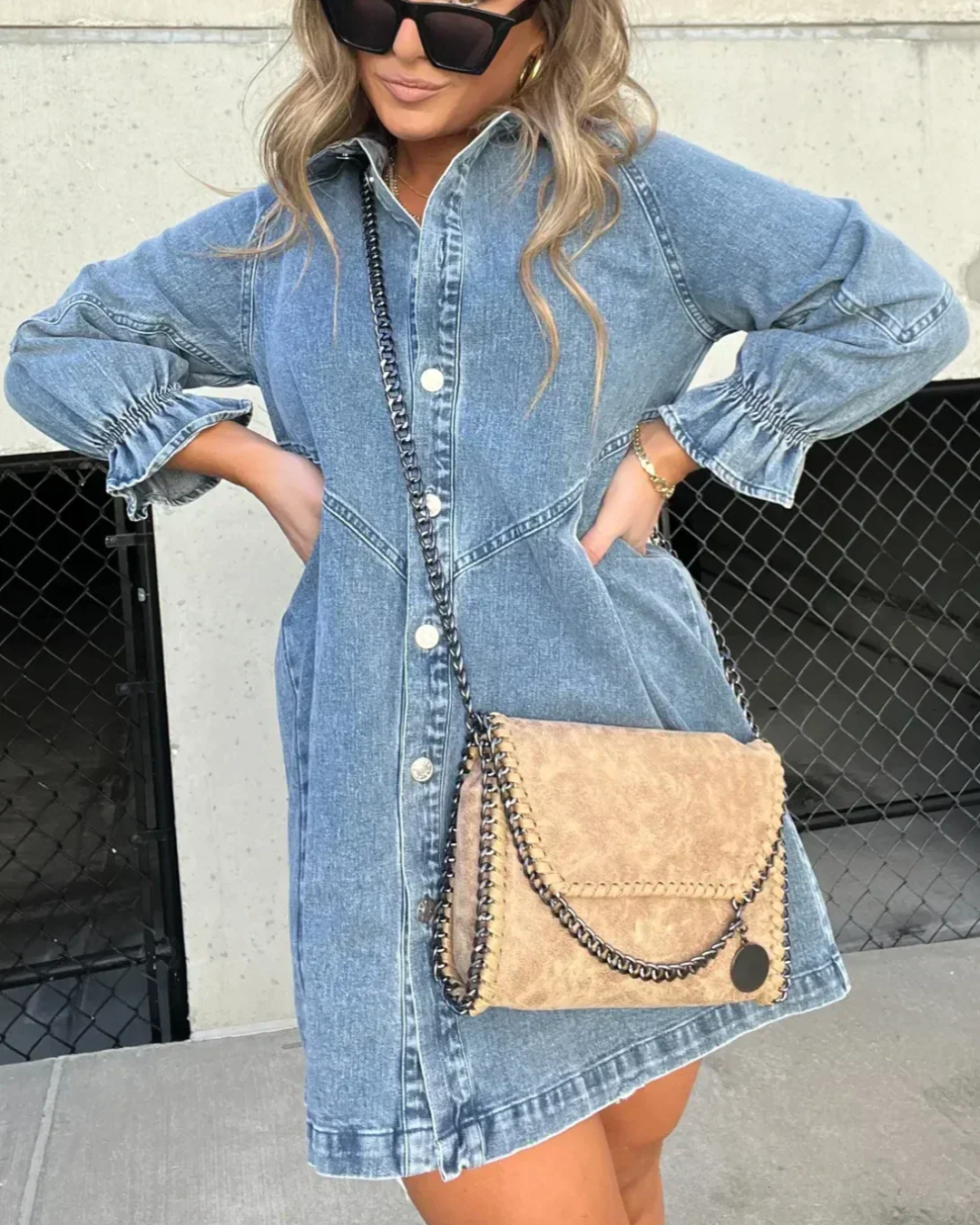 Women's Babydoll Denim Dress – Versatile 3/4 Lantern Sleeves, Button-Up Mini