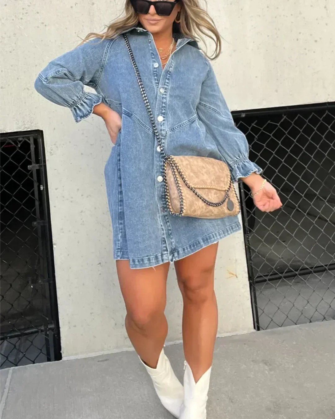Women's Babydoll Denim Dress – Versatile 3/4 Lantern Sleeves, Button-Up Mini
