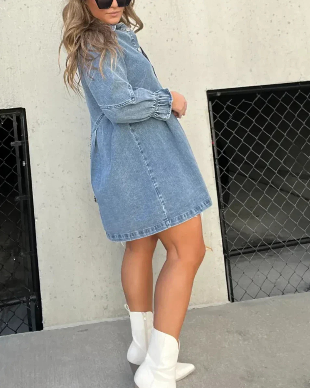 Women's Babydoll Denim Dress – Versatile 3/4 Lantern Sleeves, Button-Up Mini