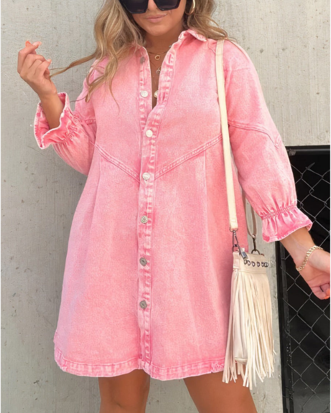 Women's Babydoll Denim Dress – Versatile 3/4 Lantern Sleeves, Button-Up Mini