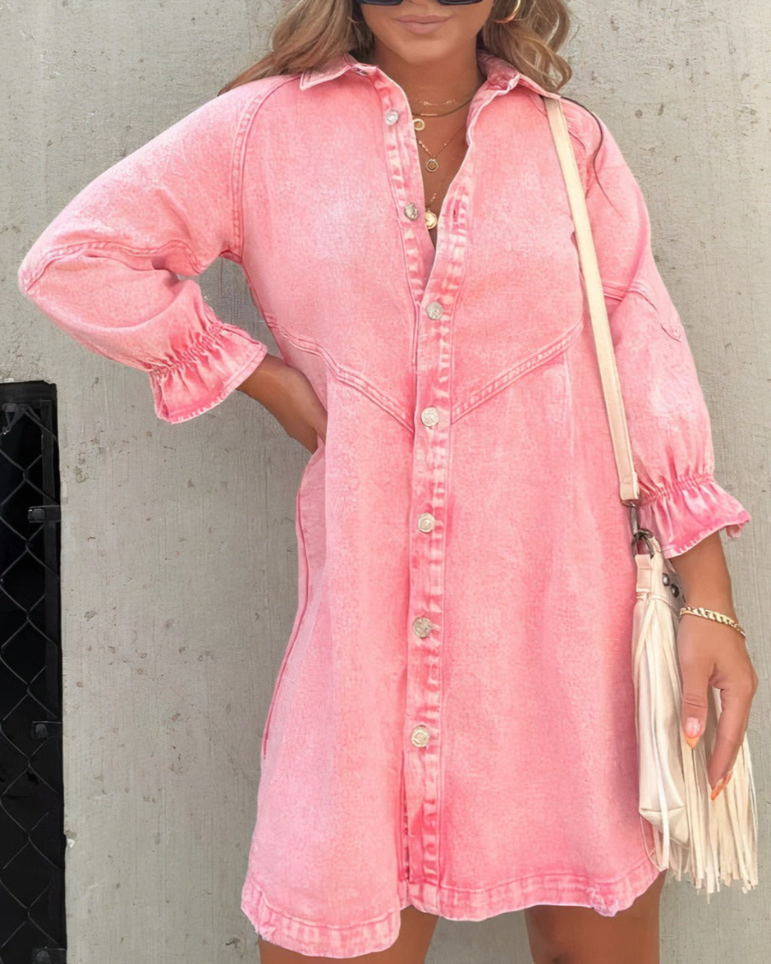 Women's Babydoll Denim Dress – Versatile 3/4 Lantern Sleeves, Button-Up Mini