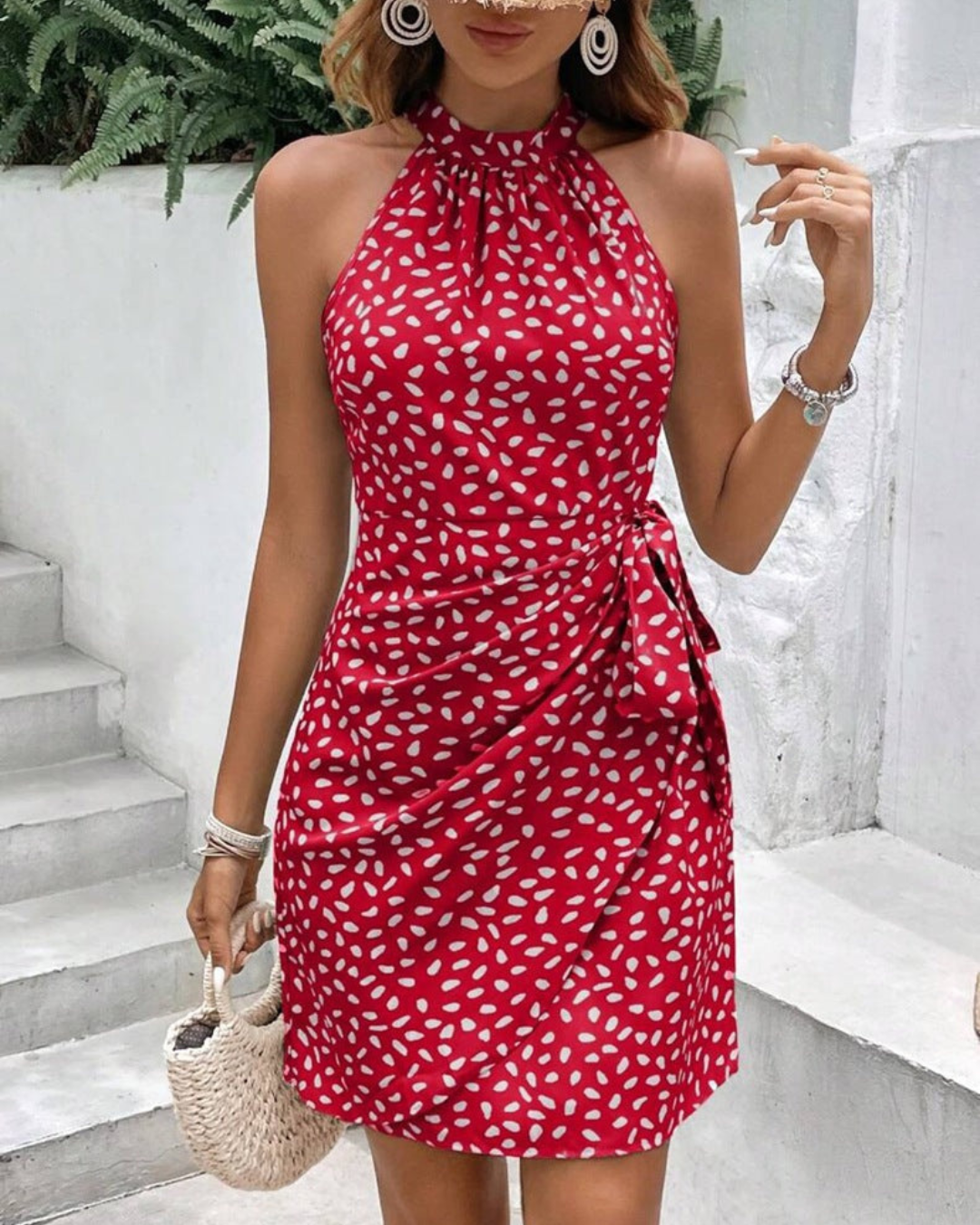 Women's Boho Halter Neck Mini Dress – Floral Print & Tie Waist