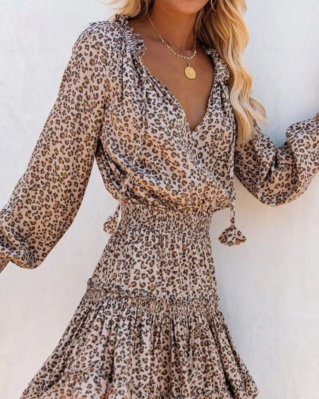 Women's Boho Mini Dress – Smocked Waist & V-Neck Tie