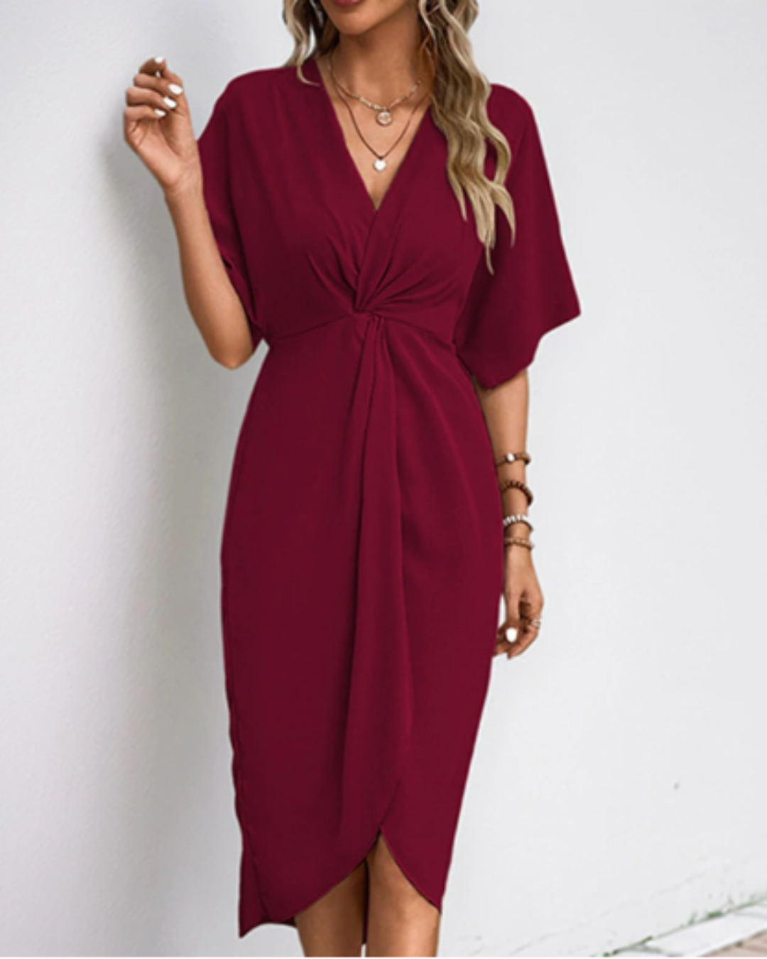 Women's Elegant Twist Front V-Neck Midi Dress – Versatile & Flattering