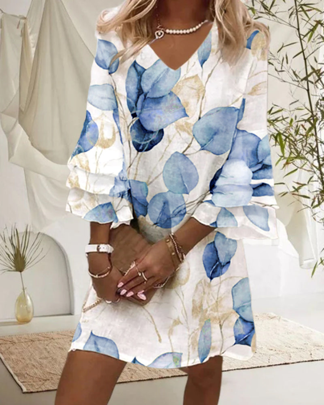Women's Elegant V-Neck Ruffle Sleeve Dress – Lightweight & Printed