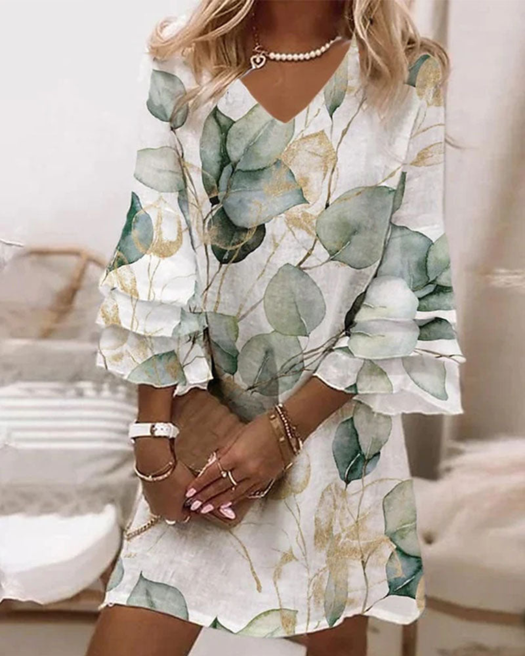Women's Elegant V-Neck Ruffle Sleeve Dress – Lightweight & Printed