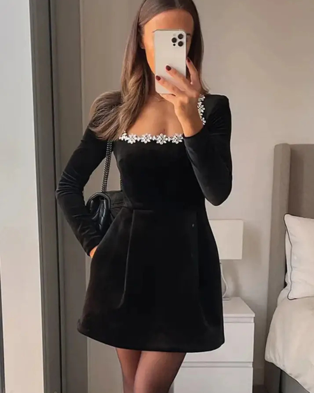 Women's Elegant Velvet Mini Dress – Long Sleeve & Embellished Neck