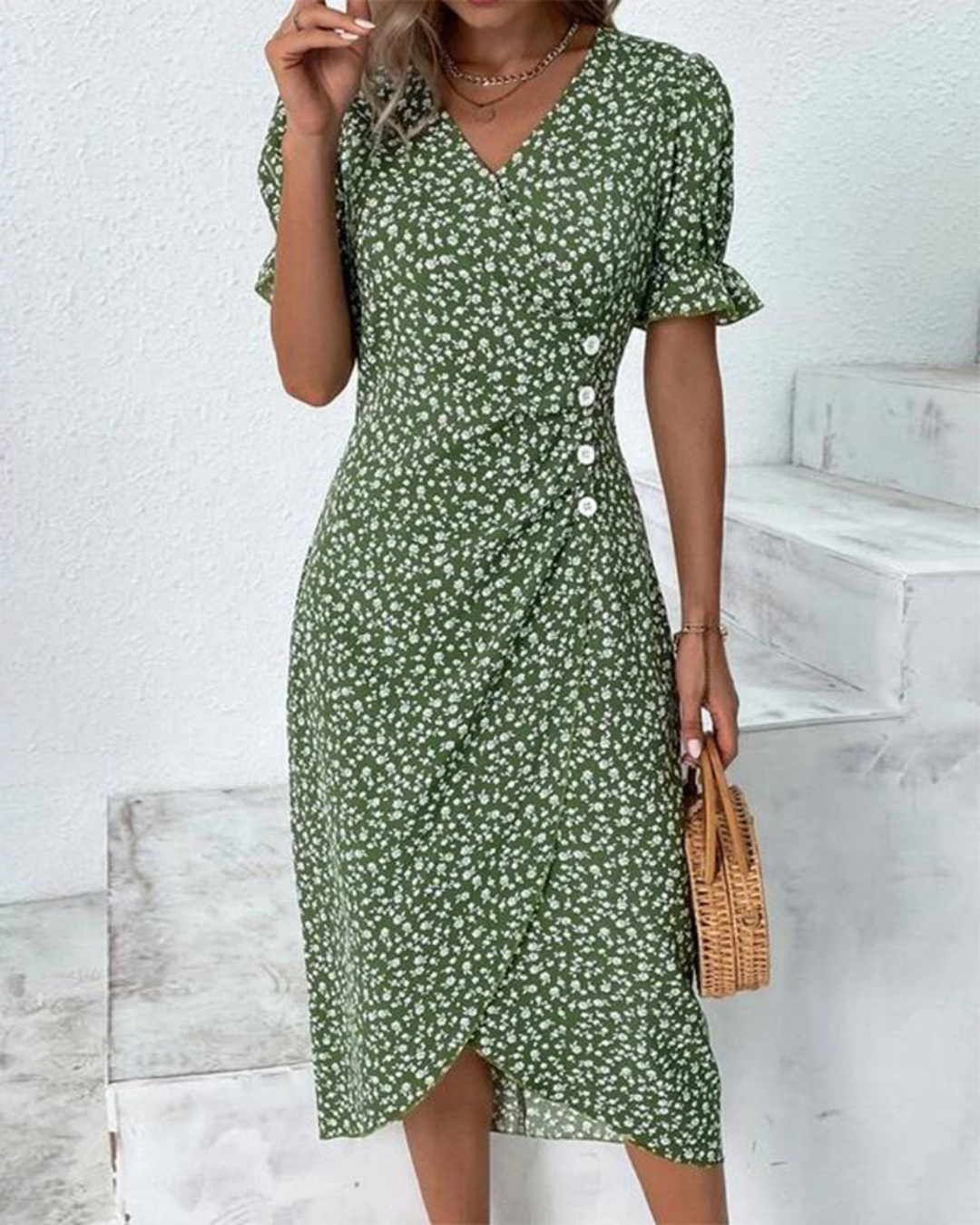 Women's Floral Wrap Dress – Elegant V-Neck Summer Style