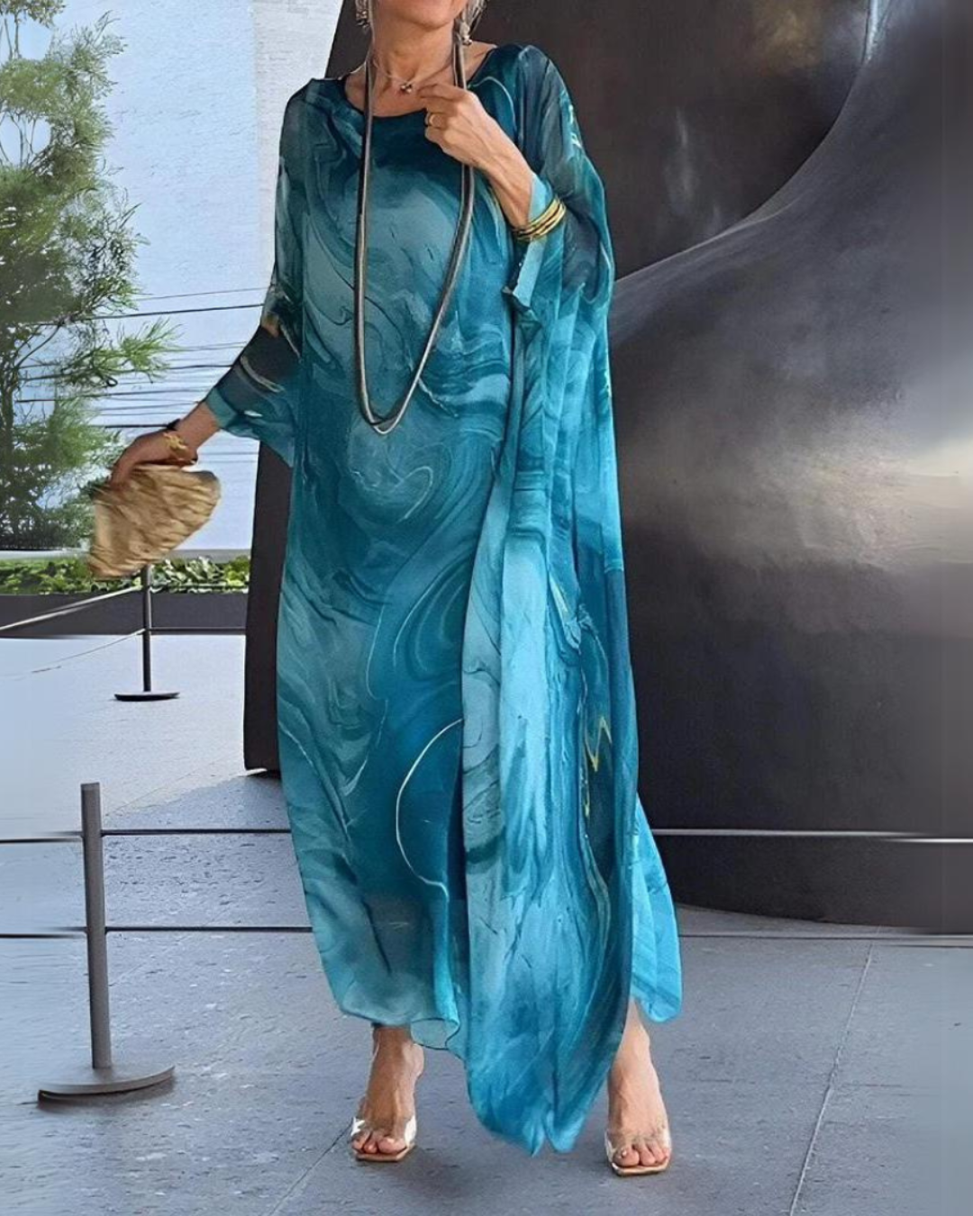Women's Flowy Chiffon Kaftan Dress – Elegant Cape Sleeve Maxi