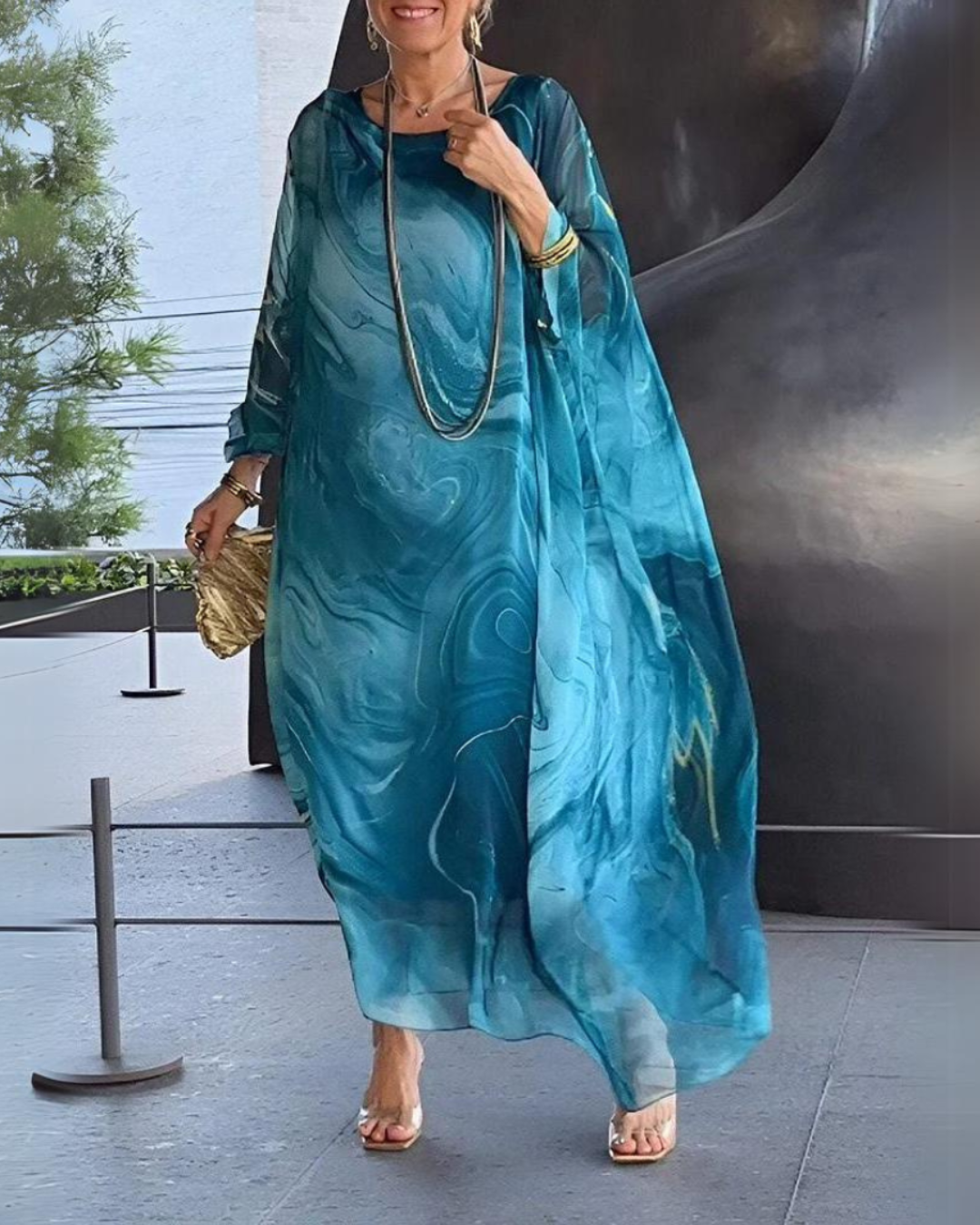 Women's Flowy Chiffon Kaftan Dress – Elegant Cape Sleeve Maxi