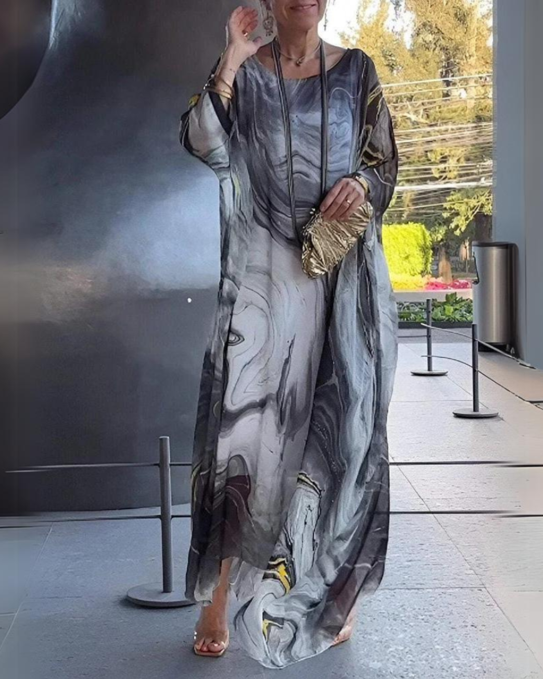 Women's Flowy Chiffon Kaftan Dress – Elegant Cape Sleeve Maxi