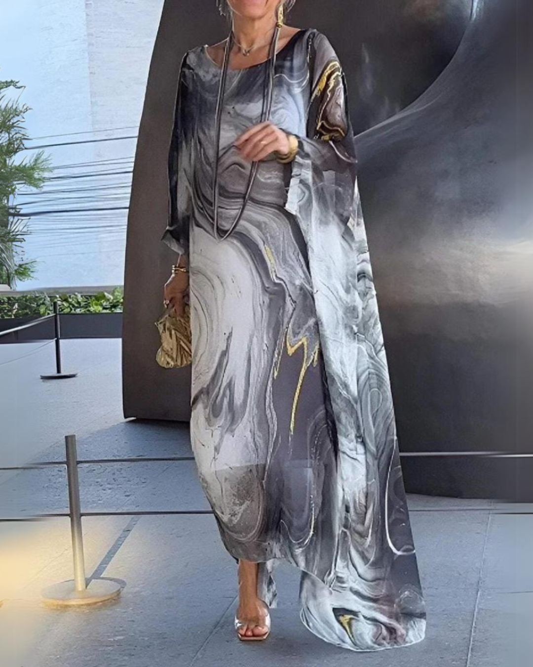 Women's Flowy Chiffon Kaftan Dress – Elegant Cape Sleeve Maxi