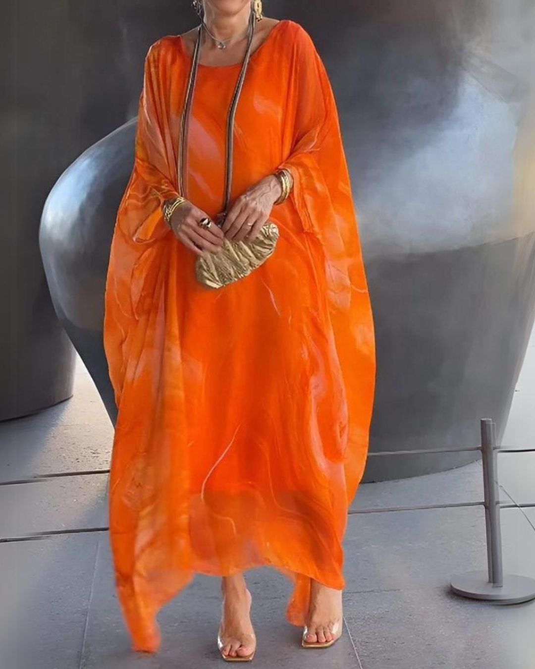 Women's Flowy Chiffon Kaftan Dress – Elegant Cape Sleeve Maxi