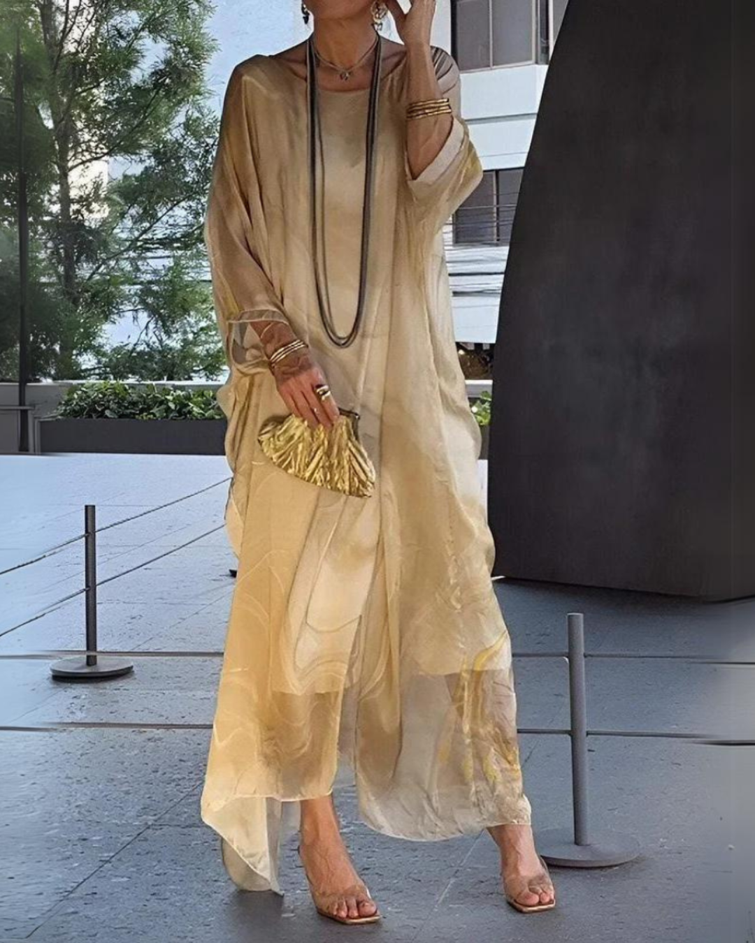 Women's Flowy Chiffon Kaftan Dress – Elegant Cape Sleeve Maxi