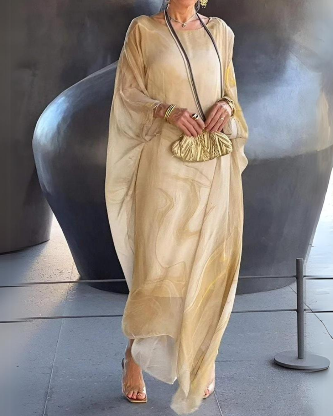 Women's Flowy Chiffon Kaftan Dress – Elegant Cape Sleeve Maxi