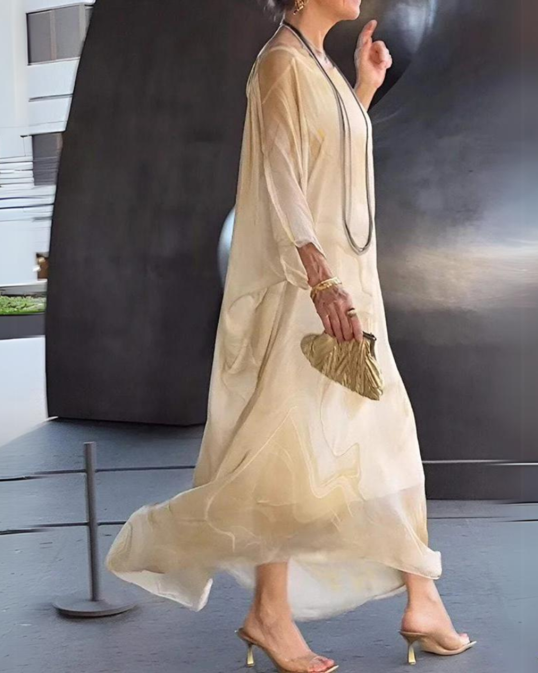 Women's Flowy Chiffon Kaftan Dress – Elegant Cape Sleeve Maxi
