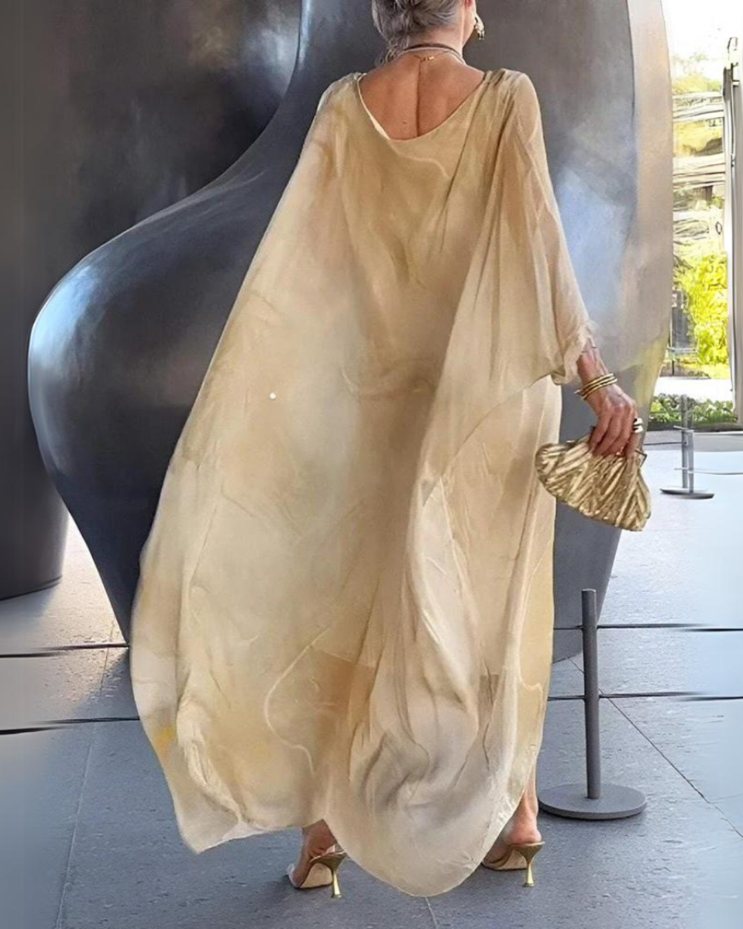 Women's Flowy Chiffon Kaftan Dress – Elegant Cape Sleeve Maxi