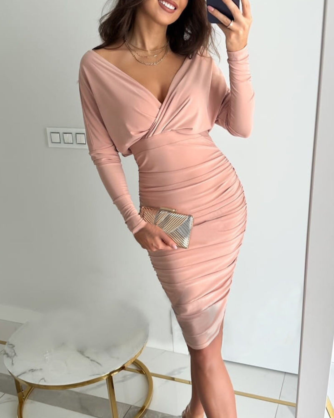 Women's Ruched Bodycon V-Neck Dress – Long Sleeve Knee-Length Elegance