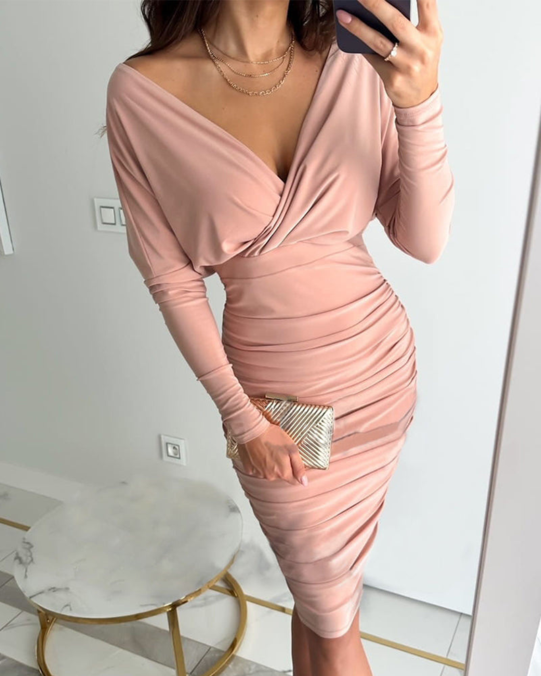 Women's Ruched Bodycon V-Neck Dress – Long Sleeve Knee-Length Elegance
