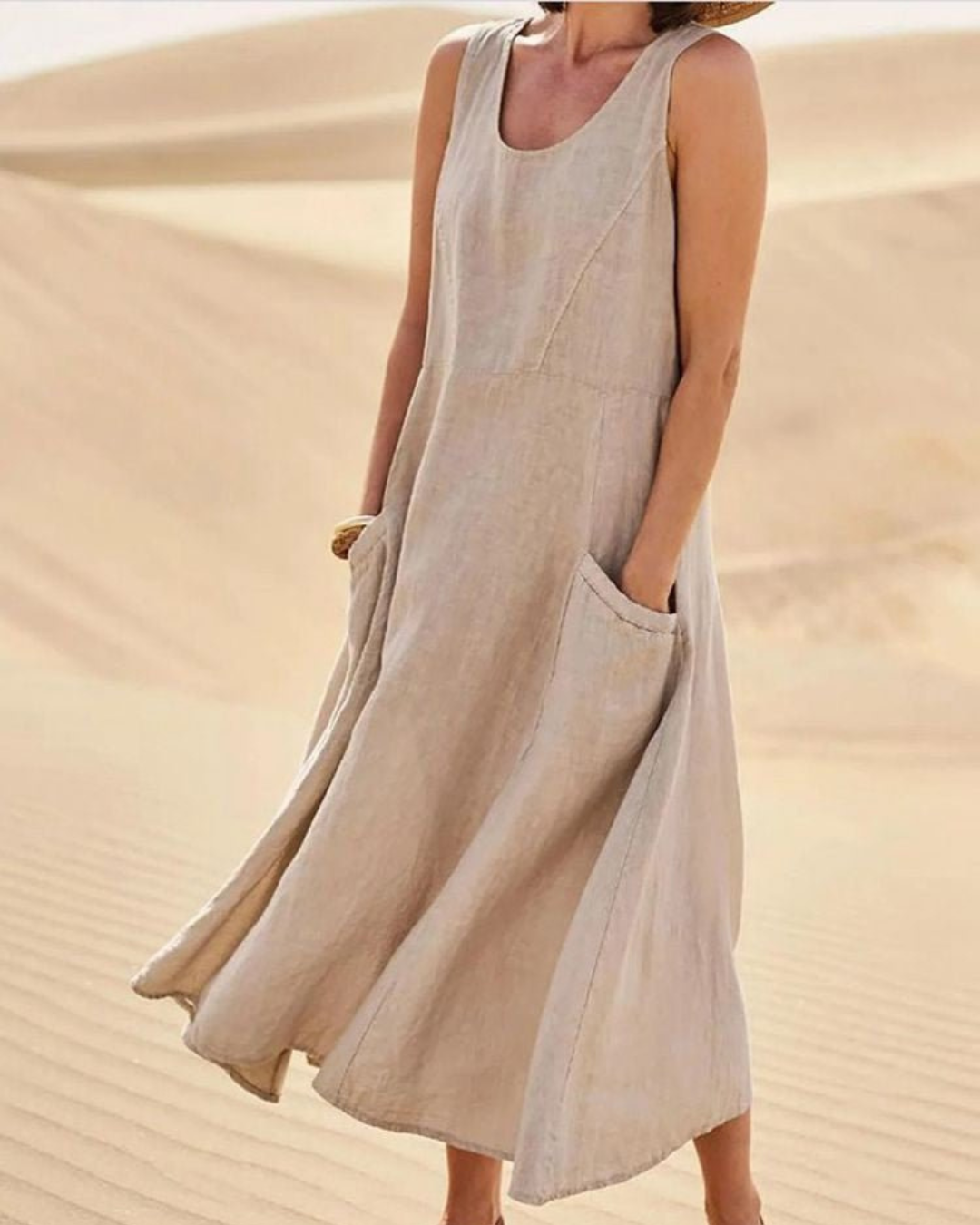 Women’s Sleeveless Cotton-Linen Summer Dress with Pockets