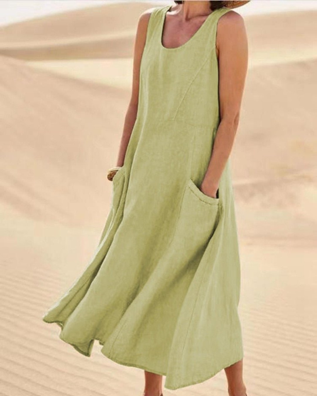 Women’s Sleeveless Cotton-Linen Summer Dress with Pockets