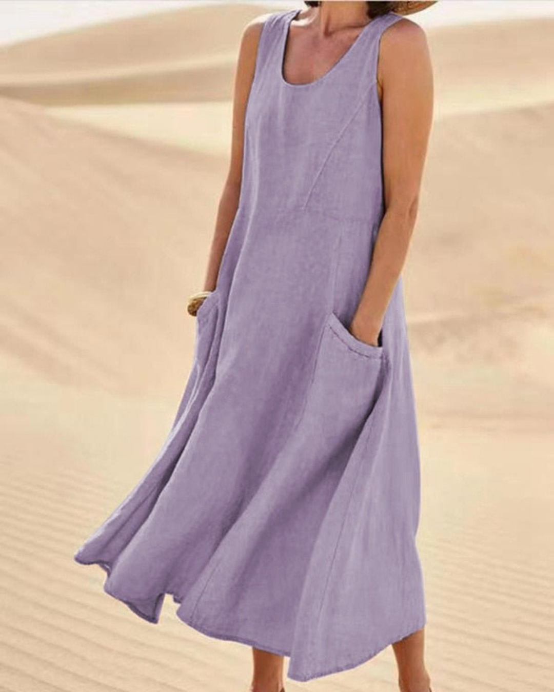 Women’s Sleeveless Cotton-Linen Summer Dress with Pockets