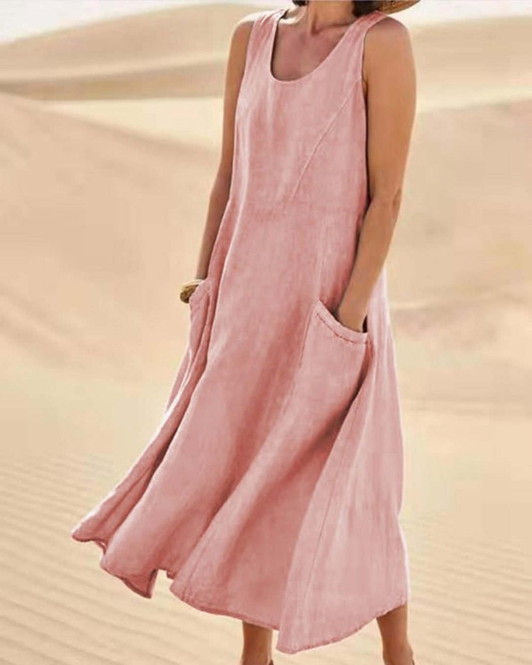 Women’s Sleeveless Cotton-Linen Summer Dress with Pockets