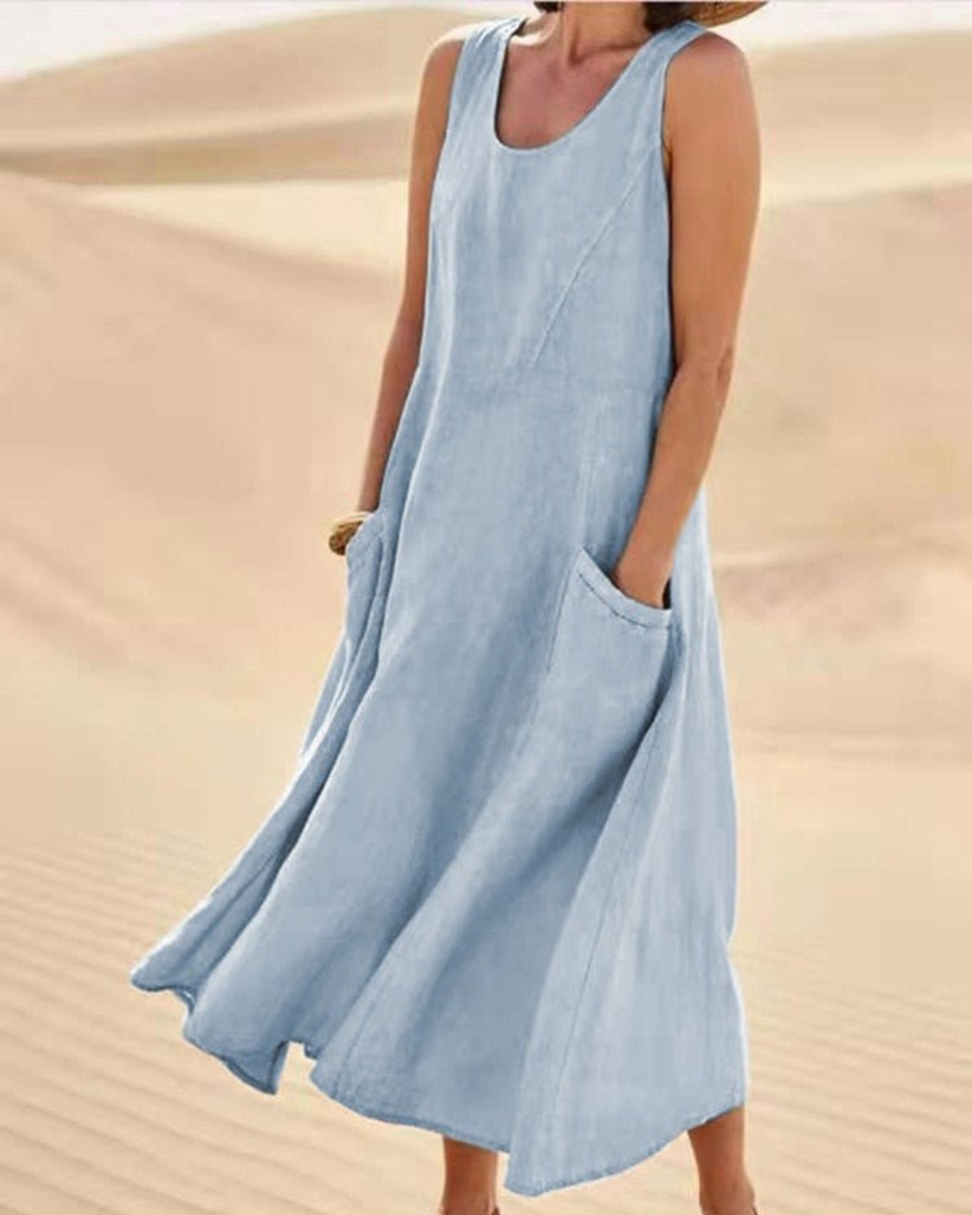 Women’s Sleeveless Cotton-Linen Summer Dress with Pockets