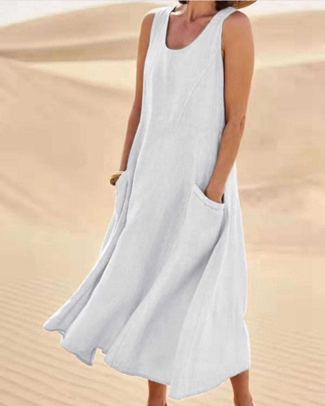 Women’s Sleeveless Cotton-Linen Summer Dress with Pockets