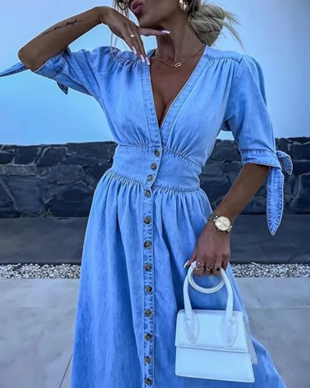 Women's V-Neck Denim Dress – Flattering Fit, Lightweight Comfort & Versatile Style