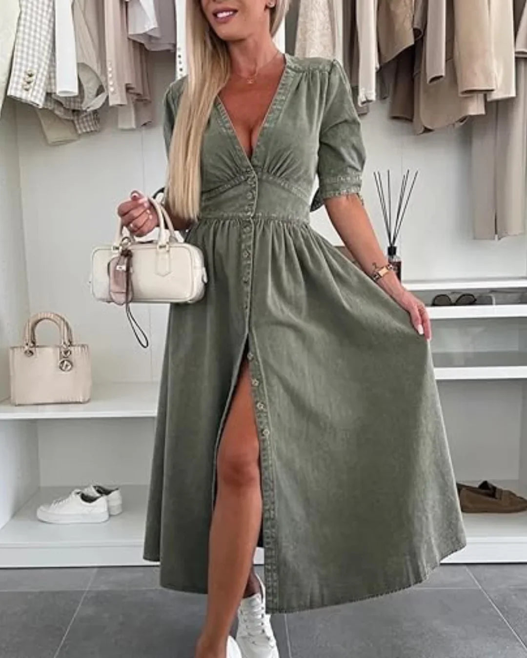 Women's V-Neck Denim Dress – Flattering Fit, Lightweight Comfort & Versatile Style