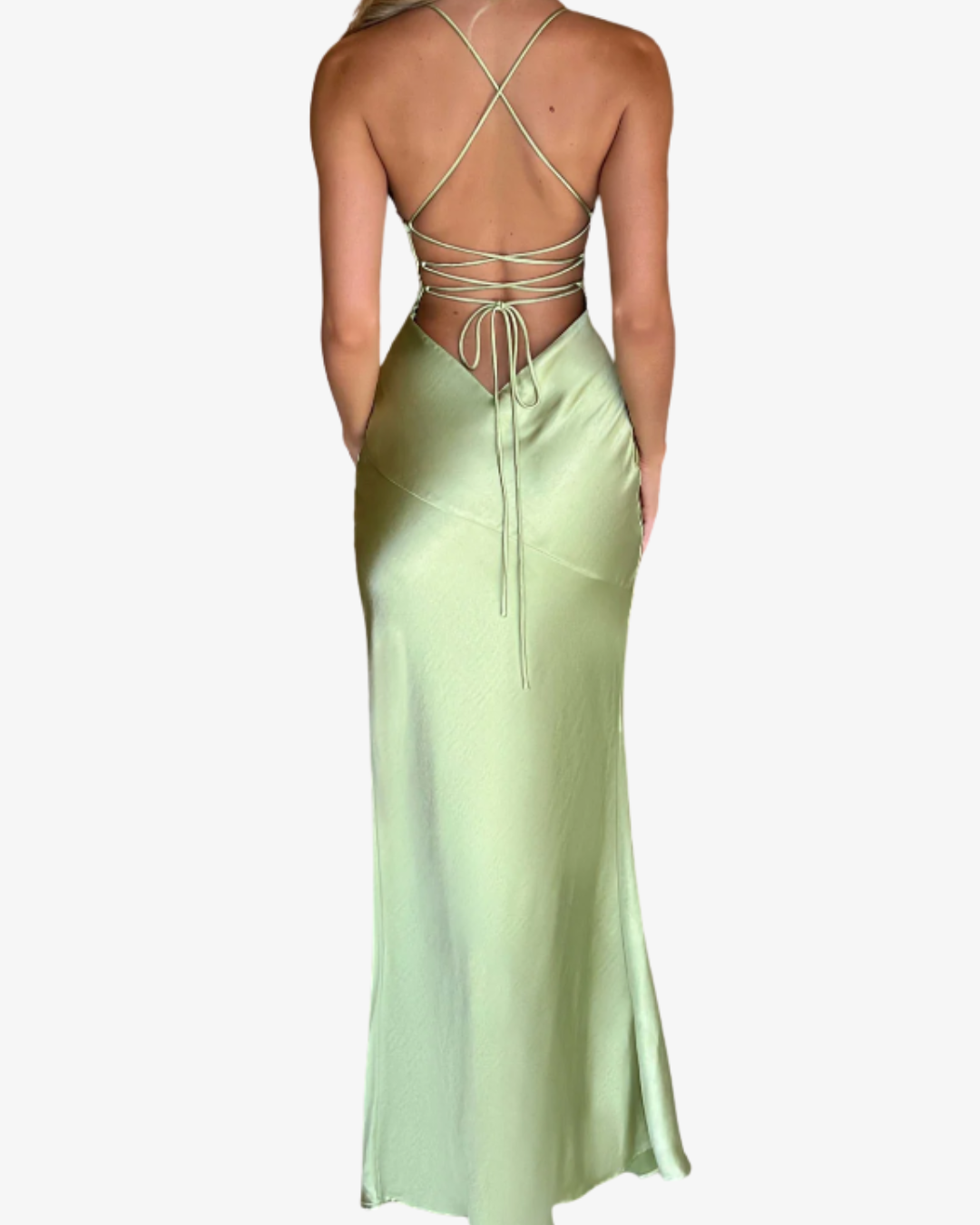 Delia | Sage Satin Maxi Dress with Slit & Spaghetti Straps
