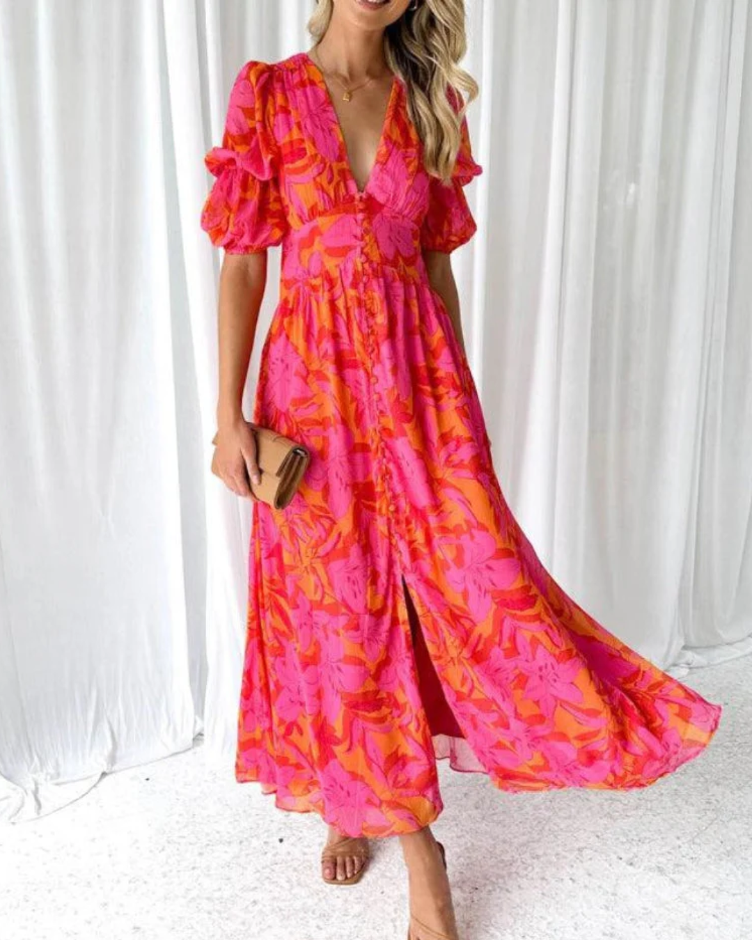 Felicity | Floral Puff Sleeve V-Neck Summer Maxi Dress