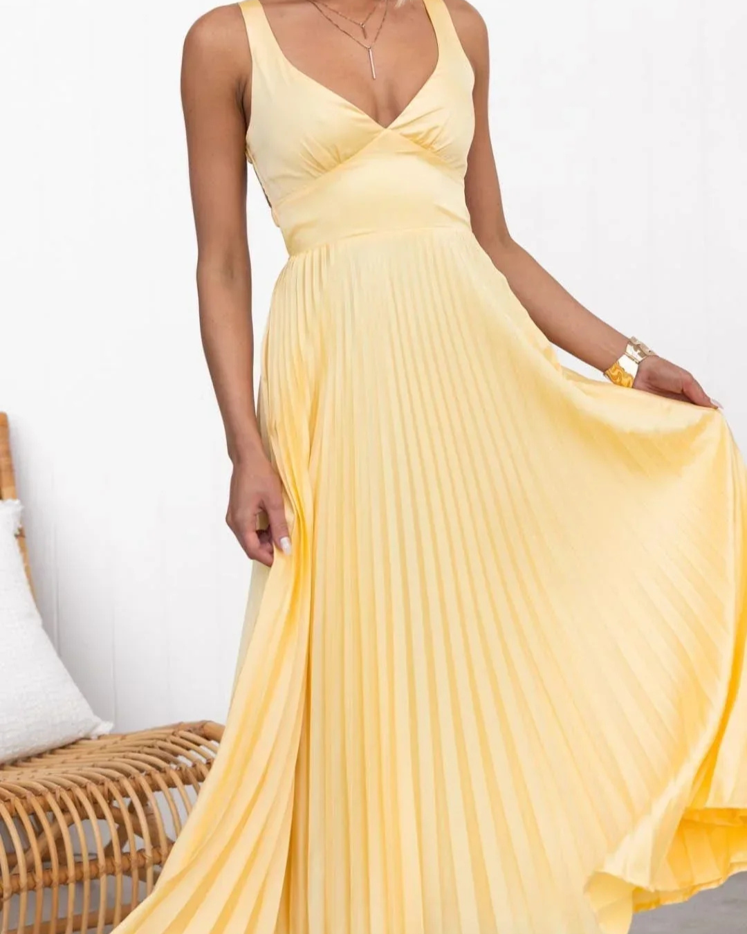 Isla | Yellow Pleated V-Neck Maxi Summer Dress