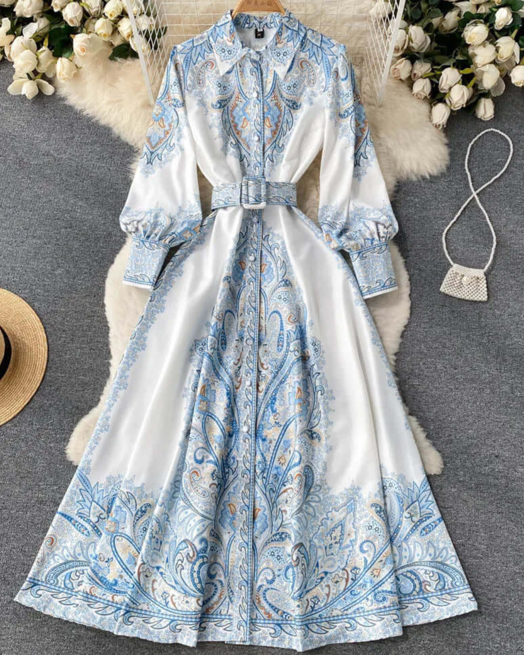 Jessica | Paisley Belted Long Sleeve A-Line Maxi Dress