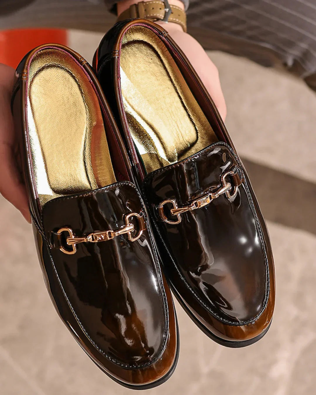 Men’s PU Patent Slip-On Loafers – Formal Shoes with Bit Detail