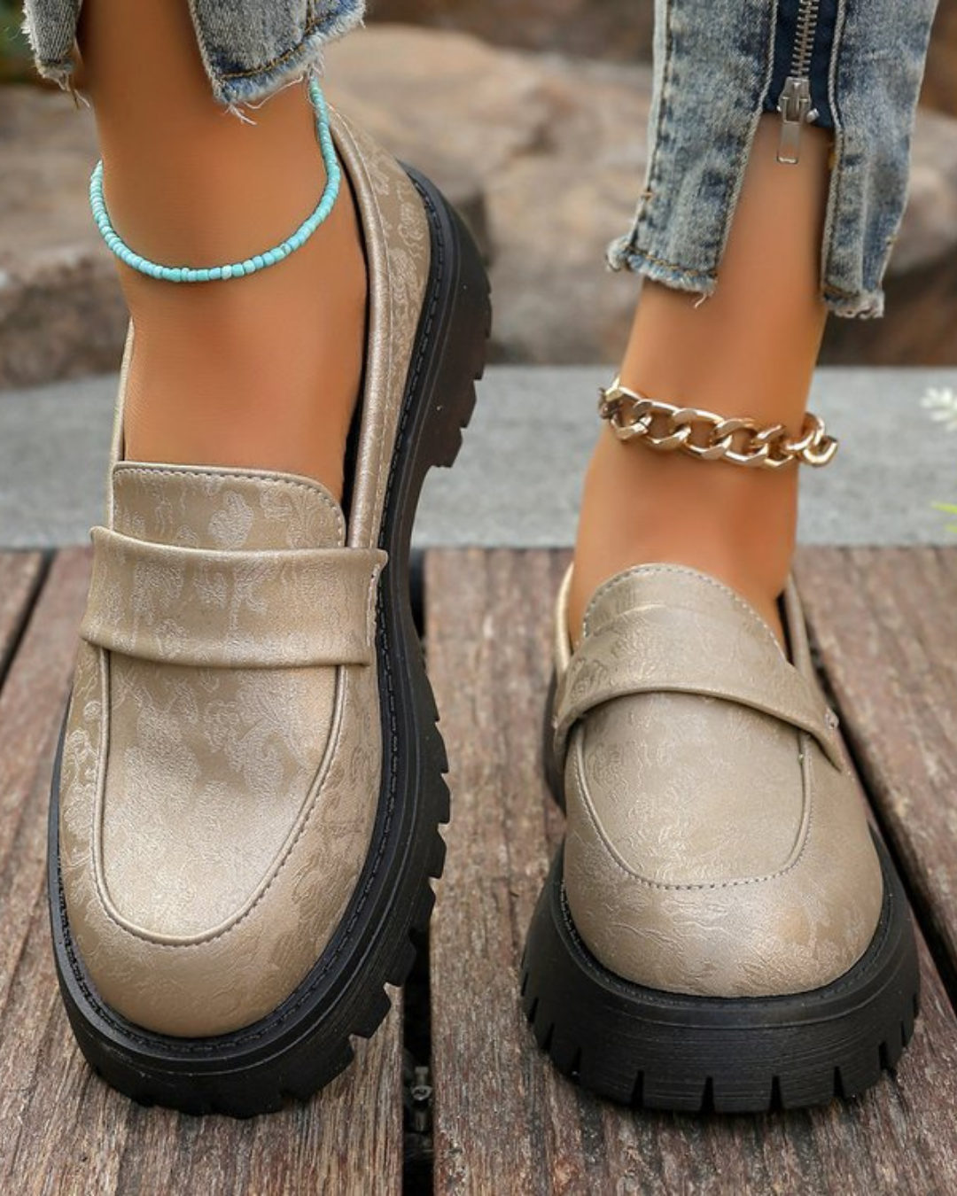 Women’s Chunky Platform Slip-On Loafers – Slip-On Embossed Style