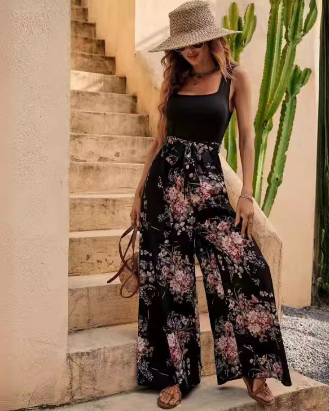 Women's Floral Print Wide-Leg Jumpsuit – Sleeveless & Lightweight