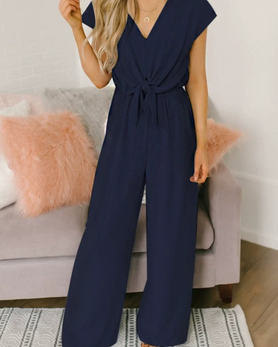 Women's V-Neck Tie Waist Jumpsuit – Wide Leg & Cap Sleeves
