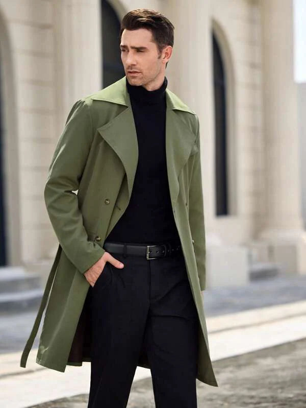 Versailles Olive Green Long Trench Coat – Timeless Elegance with Contemporary Appeal