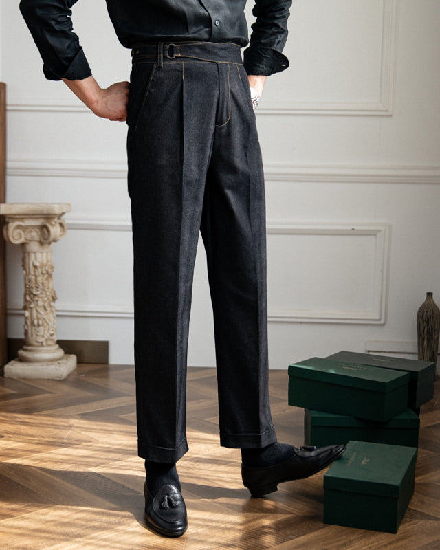 Men's High-Waisted Pleated Denim Trousers – Tailored Fit, Stretch Comfort