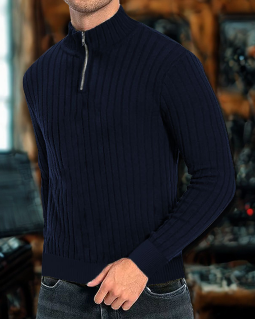 Drilan | Men's Mock Neck Ribbed Knit Sweatshirt